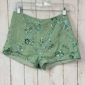 Women's Y2K Style Green Sequin Beaded Floral High Rise Shorts Size 32" Waist